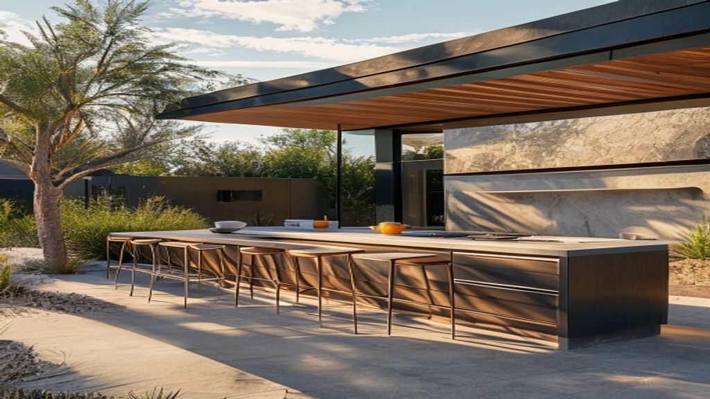 Sleek outdoor kitchen with stone countertops and desert‑friendly appliances on a luxury estate.