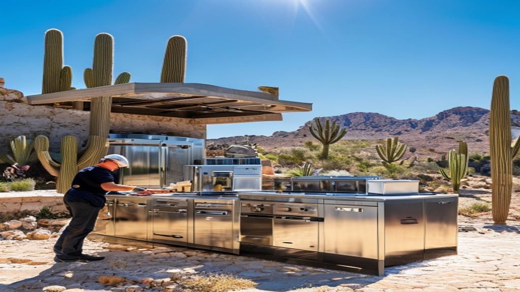 Premium outdoor kitchen construction featuring modern appliances in desert estate setting