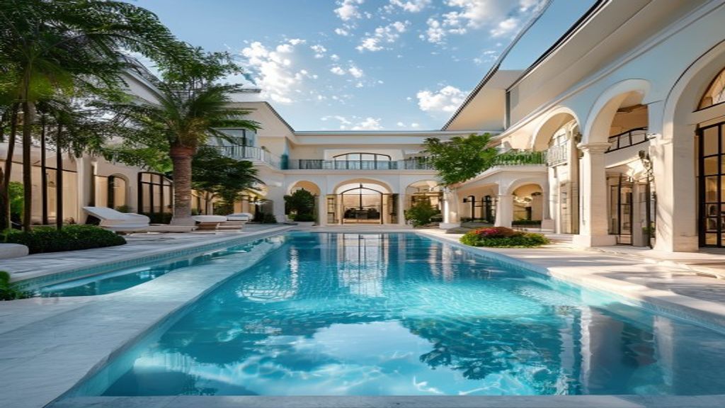 Luxurious mansion interior featuring a sleek indoor swimming pool, highlighting upscale real estate for sale.