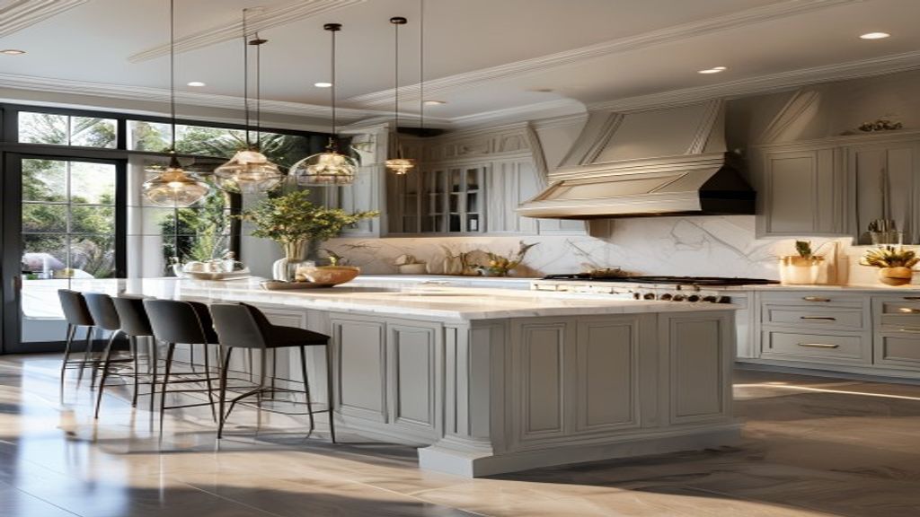Custom-built kitchen island showcased in a luxury mansion, highlighting premium design and upscale upgrade options