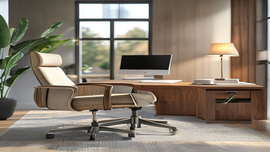Ergonomic executive office furniture set for a comfortable home workspace, featuring adjustable chair and sleek desk.
