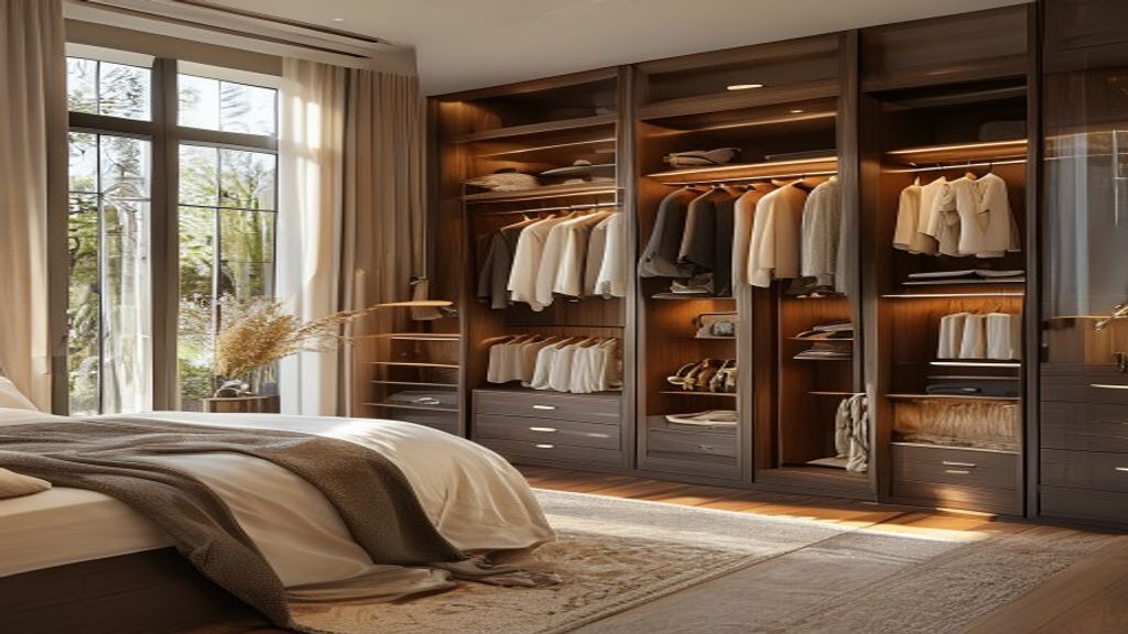 Custom built-in wardrobes for luxury master bedroom with elegant storage solutions